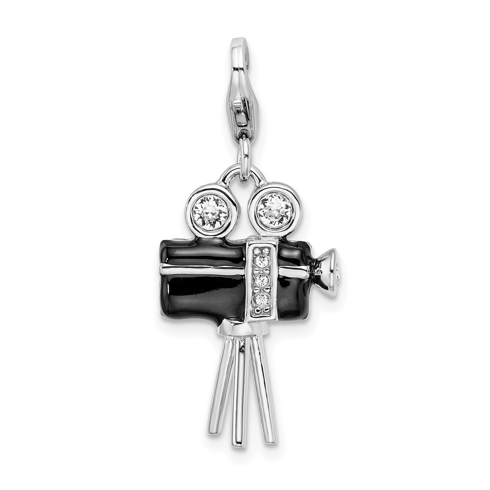 925 Silver 3-D Enameled Swarovski Crystal Movie Camera Bracelet Charm w Clasp